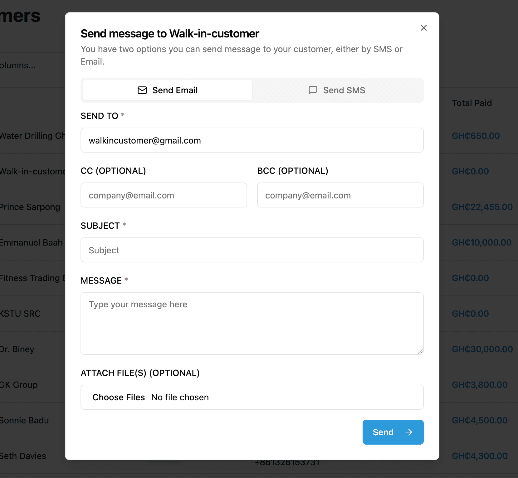 XtraKit customer messaging screen with email and SMS options