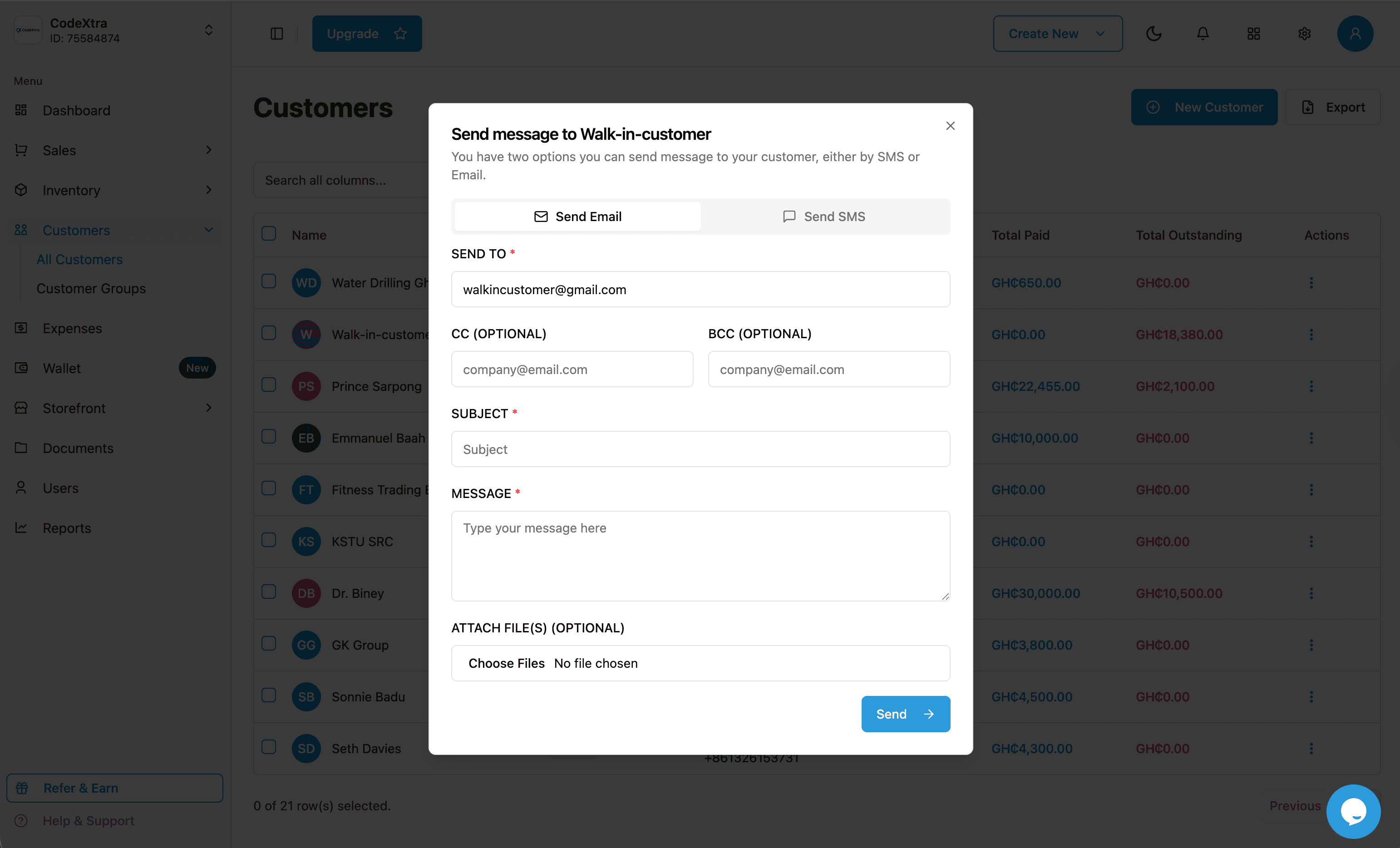 XtraKit customer messaging workspace with email and SMS options