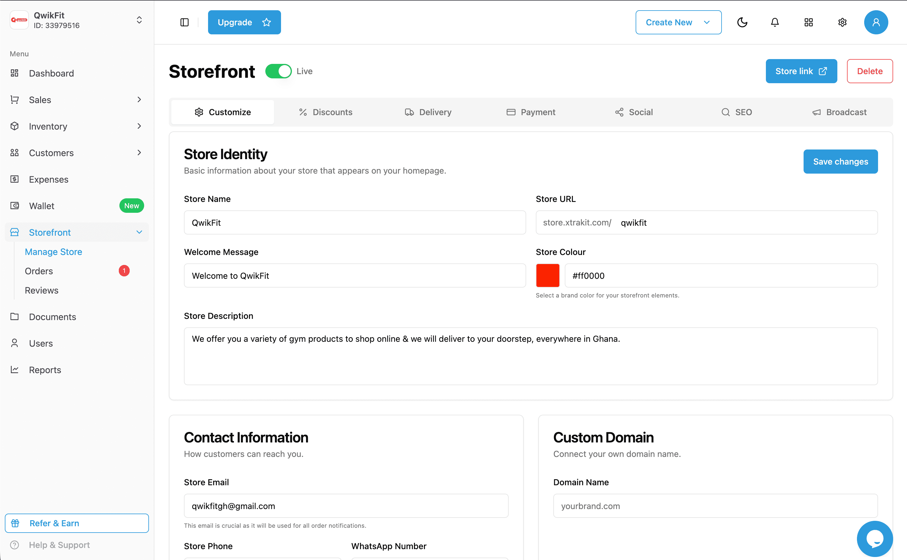 Storefront branding, delivery, payment, and customization settings